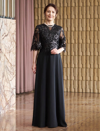結婚式母親ドレス ブラック|スパンコールレース身頃・シフォンAライン・ロング丈・50代〜60代向けマザードレス
