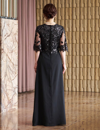 背中ファスナー仕様のマザーズドレス ブラック|結婚式 正礼装・スパンコールレース身頃・親族母親向けロングドレス