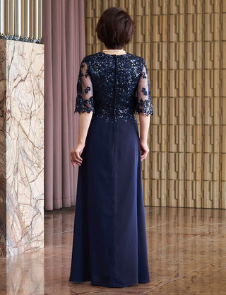 背中ファスナー仕様のマザーズドレス ネイビー|結婚式 正礼装・スパンコールレース身頃・親族母親向けロングドレス
