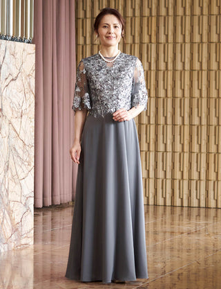 結婚式母親ドレス グレー|スパンコールレース身頃・シフォンAライン・ロング丈・50代〜60代向けマザードレス