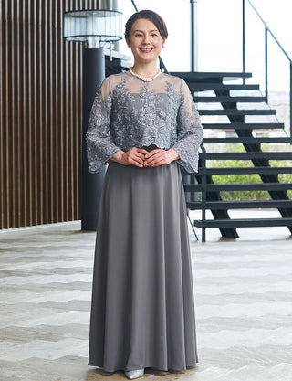 華やかな結婚式母親ドレス グレー|7分袖・ロング丈・体型カバー・50代〜60代向けフォーマルドレス