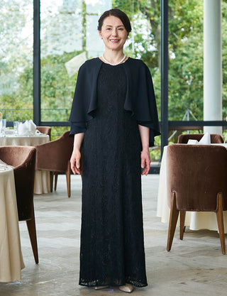 上品な結婚式母親ドレス グレー|ケープ風・ロング丈・体型カバー・50代〜60代向けフォーマルドレス