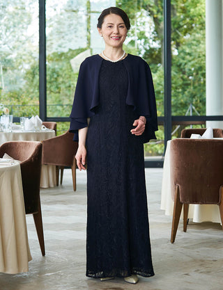 上品な結婚式母親ドレス ネイビー|ケープ風・ロング丈・体型カバー・50代〜60代向けフォーマルドレス