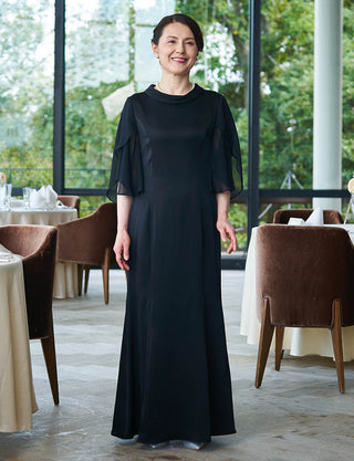 結婚式母親用マザードレス ブラック|シフォン袖付き・ロング丈・母親用フォーマルドレス