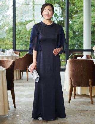 結婚式母親用マザードレス ダークネイビー|シフォン袖付き・ロング丈・母親用フォーマルドレス