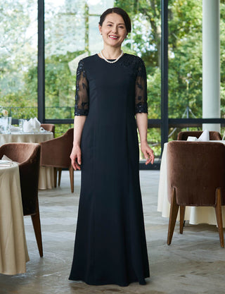 結婚式母親向けマザードレス|スタイリッシュなソフトマーメイドライン・チュール五分袖・カットレース仕立て