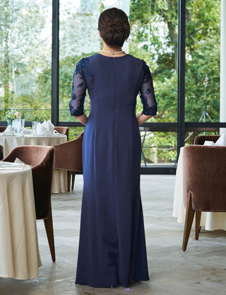 後ろファスナー仕様のマザードレス 紺|体型カバー&動きやすさ両立・ロング丈・結婚式 正礼装