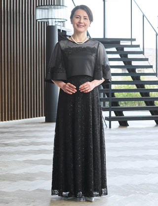 結婚式 母親 ドレス 正礼装|五分袖・ボレロ一体型・日本製ラメレース50代〜60代向けマザードレス