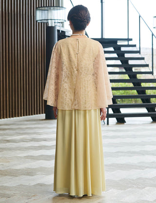 後ろシャーリング仕様のマザーズドレス ベージュ レース|結婚式 正礼装・親族母親向けロングドレス