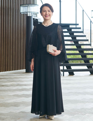 上品な結婚式母親ドレス 黒|ケープ風・ロング丈・体型カバー・50代〜60代向けフォーマルドレス