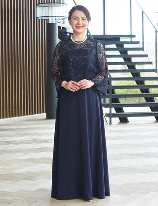 結婚式母親ドレス ネイビー|ロング丈・七分袖・日本製レース・50代〜60代向けマザードレス