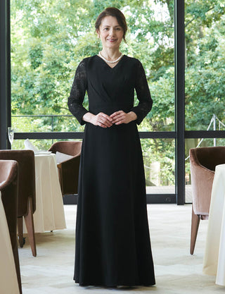 結婚式母親ドレス ブラック|レース袖・Aライン・ロング丈・Vネック・50代〜60代向けマザードレス