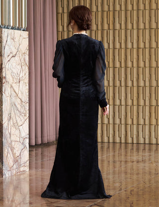 背中ファスナー仕様のマザーズドレス ブラック|結婚式 正礼装・国産ベロア・秋冬向け親族母親用ロングドレス