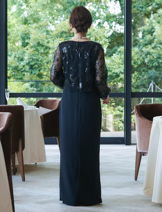 背中ファスナー仕様のマザーズドレス ブラック|結婚式 正礼装・パフスリーブ付き・親族母親向けロングドレス