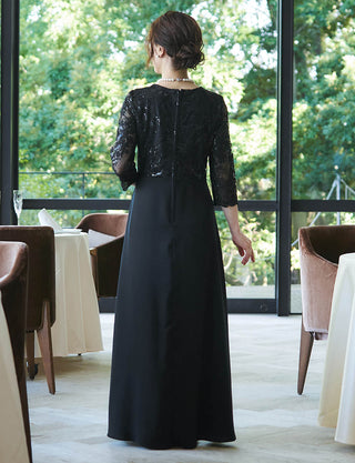 背中ファスナー仕様のマザーズドレス ブラック|結婚式 正礼装・花柄レース身頃・Aライン・親族母親向けロングドレス