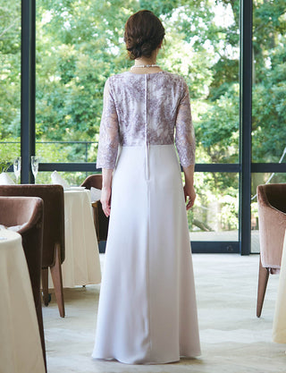 背中ファスナー仕様のマザーズドレス グレーベージュ|結婚式 正礼装・花柄レース身頃・Aライン・親族母親向けロングドレス