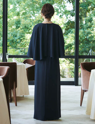 ウエストシャーリング仕様のマザーズドレス ダークネイビー|結婚式 正礼装・ケープ一体型・親族母親向けロングドレス