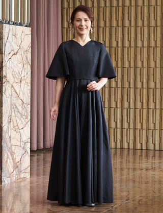 結婚式母親ドレス ブラック|タフタ生地・Aライン・袖付き・Vネック・ロング丈・50代〜60代向けマザードレス