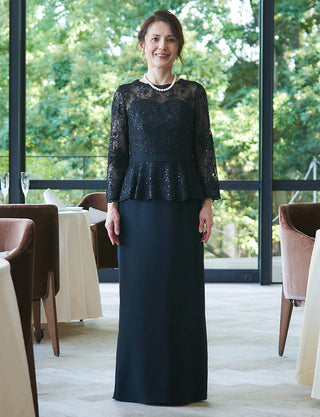 結婚式母親ドレス ブラック|スパンコール入り花柄レース身頃・ペプラムデザイン・ソフトマーメイドライン・ロング丈・50代〜60代向けマザードレス