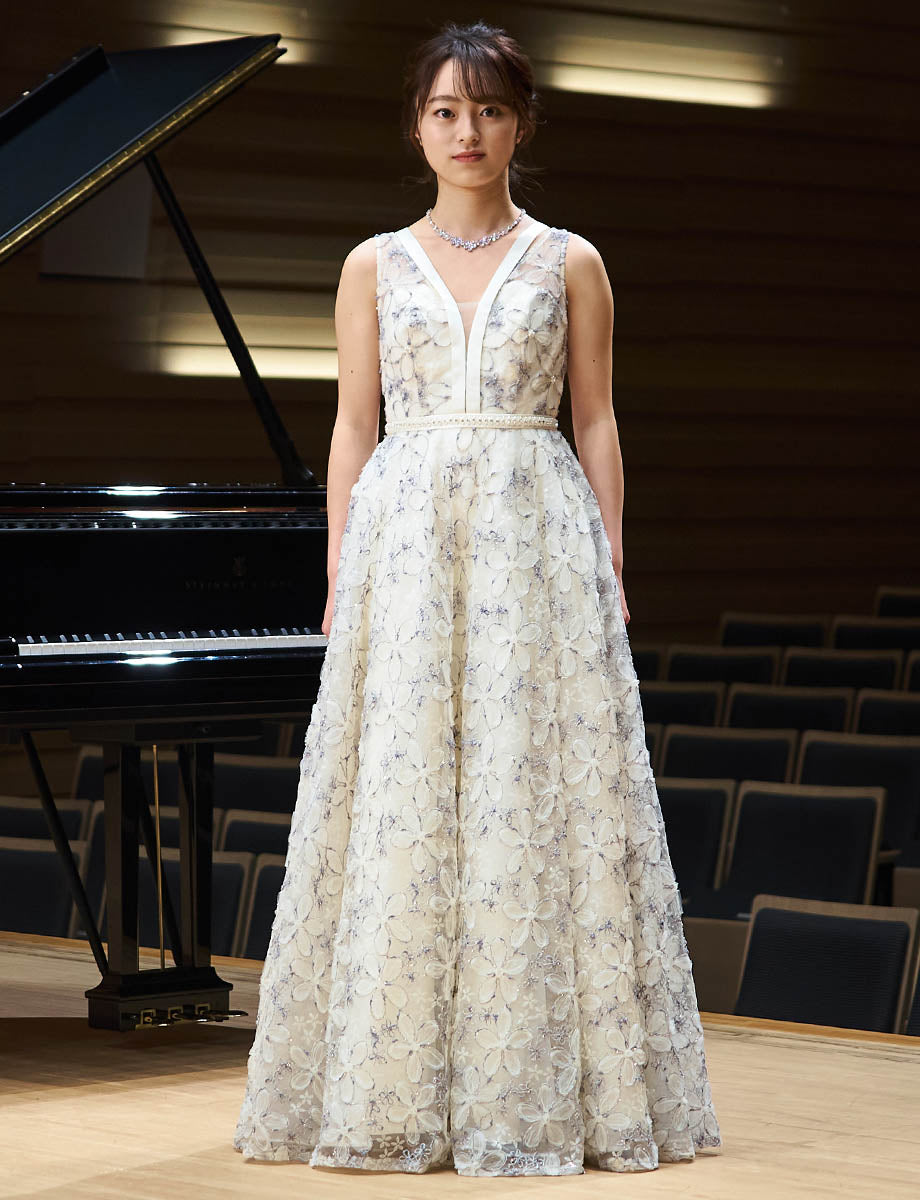 ロングドレス ベージュ×パープルグレー ノースリーブ 花柄レース