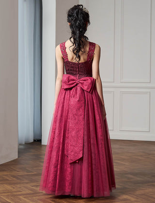 後ろシャーリング仕様のジュニアドレス ピンク レース リボン付|ピアノ発表会向け・140〜160cm対応