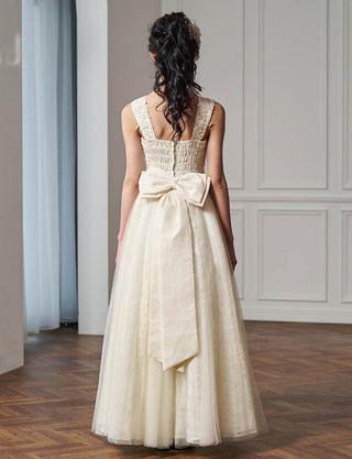 後ろシャーリング仕様のジュニアドレス アイボリー レース リボン付|ピアノ発表会向け・140〜160cm対応