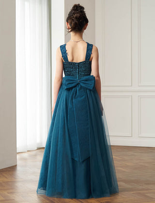 後ろシャーリング仕様のジュニアドレス ぺトロールグリーン リボン付|ピアノ発表会向け・140〜160cm対応