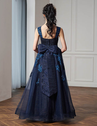 後ろシャーリング仕様のジュニアドレス ダークネイビー リボン付|ピアノ発表会向け・140〜160cm対応