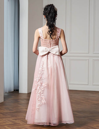 後ろシャーリング仕様のジュニアドレス ピンクゴールド リボン付|ピアノ発表会向け・140〜160cm対応