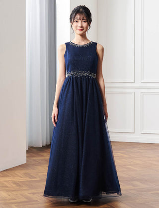 上品なコンクール用ジュニアドレス ノースリーブ|ダークネイビー ロング丈ドレス・140〜160cm対応