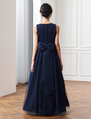 後ろファスナー仕様のジュニアドレス ダークネイビー リボン付き|コンクール向け・140〜160cm対応