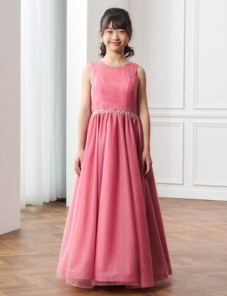上品なコンクール用ジュニアドレス ノースリーブ|ピンク ロング丈ドレス・140〜160cm対応