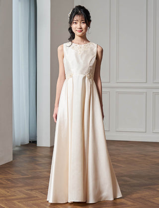 コンクール用ジュニアドレス|ペールベージュ ロング丈ドレス・140〜160cm対応