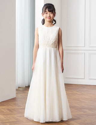 清楚なコンクール用ジュニアドレス|アイボリー ロング丈ドレス・140〜160cm対応
