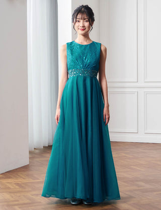 上品なコンクール用ジュニアドレス ノースリーブ|ピーコックグリーン ロング丈ドレス・140〜160cm対応