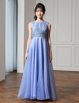 上品なコンクール用ジュニアドレス ノースリーブ|ブルーグレー ロング丈ドレス・140〜160cm対応