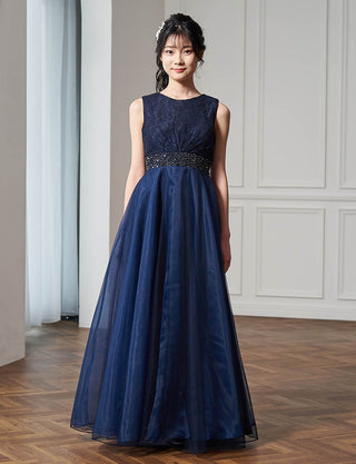 上品なコンクール用ジュニアドレス ノースリーブ|ダークネイビー ロング丈ドレス・140〜160cm対応