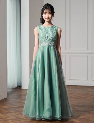 上品なコンクール用ジュニアドレス ノースリーブ|ナイルブルー ロング丈ドレス・140〜160cm対応