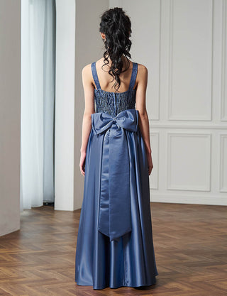 後ろシャーリング仕様のジュニアドレス ナイトブルー リボン付|ピアノ発表会向け・140〜160cm対応