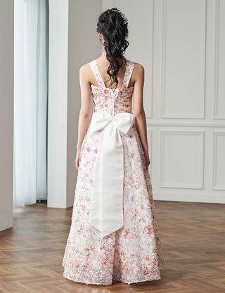 後ろ編み上げ紐仕様のジュニアドレス 花柄レース アイボリー リボン付|ピアノ発表会向け・140〜160cm対応