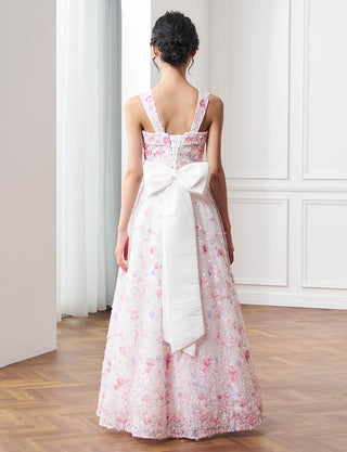 後ろ編み上げ紐仕様のジュニアドレス 花柄レース ラベンダー リボン付|ピアノ発表会向け・140〜160cm対応