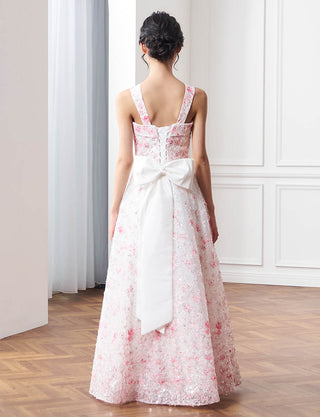 後ろ編み上げ紐仕様のジュニアドレス 花柄レース ピンク リボン付|ピアノ発表会向け・140〜160cm対応