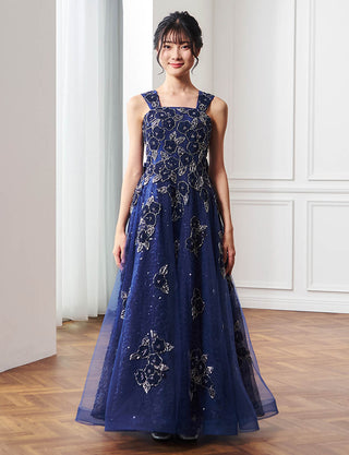 華やかな演奏会用ジュニアドレス 花柄刺繍 ブルーネイビー|肩紐あり・ジュニア用ドレス 140〜160cm