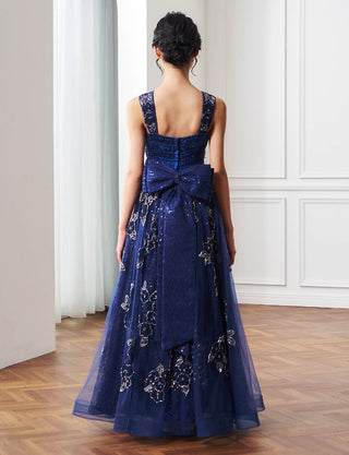 後ろシャーリング仕様のジュニアドレス 花柄刺繍 ブルーネイビー リボン付|ピアノ発表会向け・140〜160cm対応