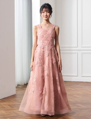 華やかな演奏会用ジュニアドレス 花柄刺繍 ピンクゴールド|肩紐あり・ジュニア用ドレス 140〜160cm