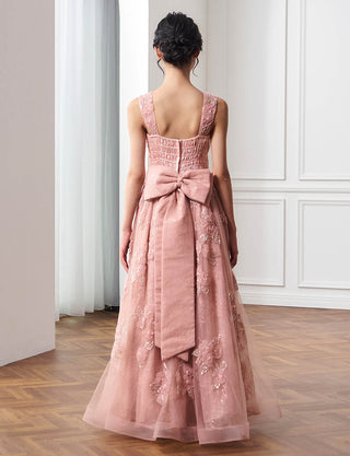 後ろシャーリング仕様のジュニアドレス 花柄刺繍 ピンクゴールド リボン付|ピアノ発表会向け・140〜160cm対応