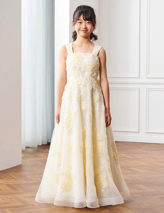 華やかな演奏会用ジュニアドレス 花柄刺繍 イエロー|肩紐あり・ジュニア用ドレス 140〜160cm