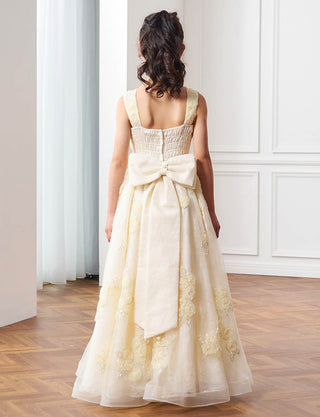 後ろシャーリング仕様のジュニアドレス 花柄刺繍 イエロー リボン付|ピアノ発表会向け・140〜160cm対応