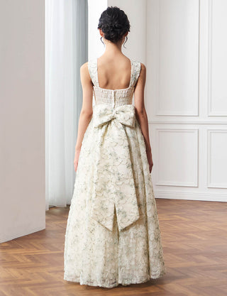 後ろシャーリング仕様のジュニアドレス 花柄レース ベージュ リボン付|ピアノ発表会向け・140〜160cm対応