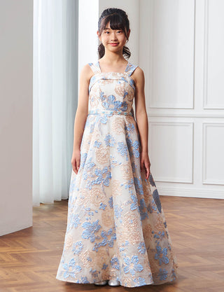 華やかな演奏会用ジュニアドレス 花柄ブルーグレー|肩紐あり・ジュニア用ドレス 140〜160cm